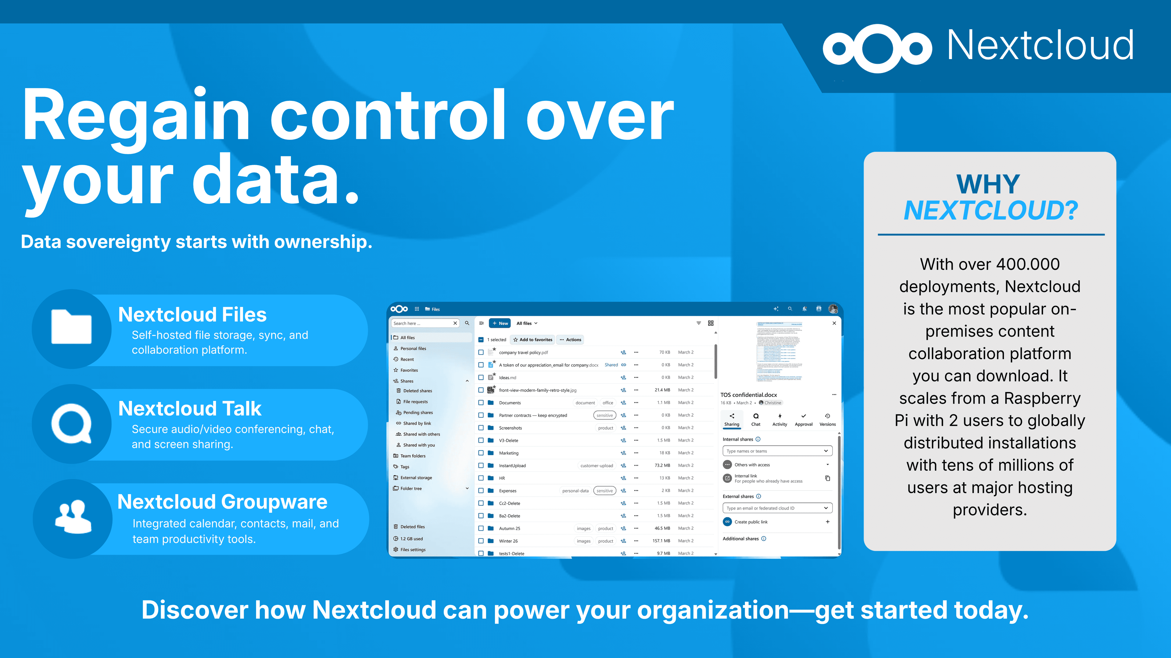 Nextcloud Hub — files, talk, groupware, and office in one platform